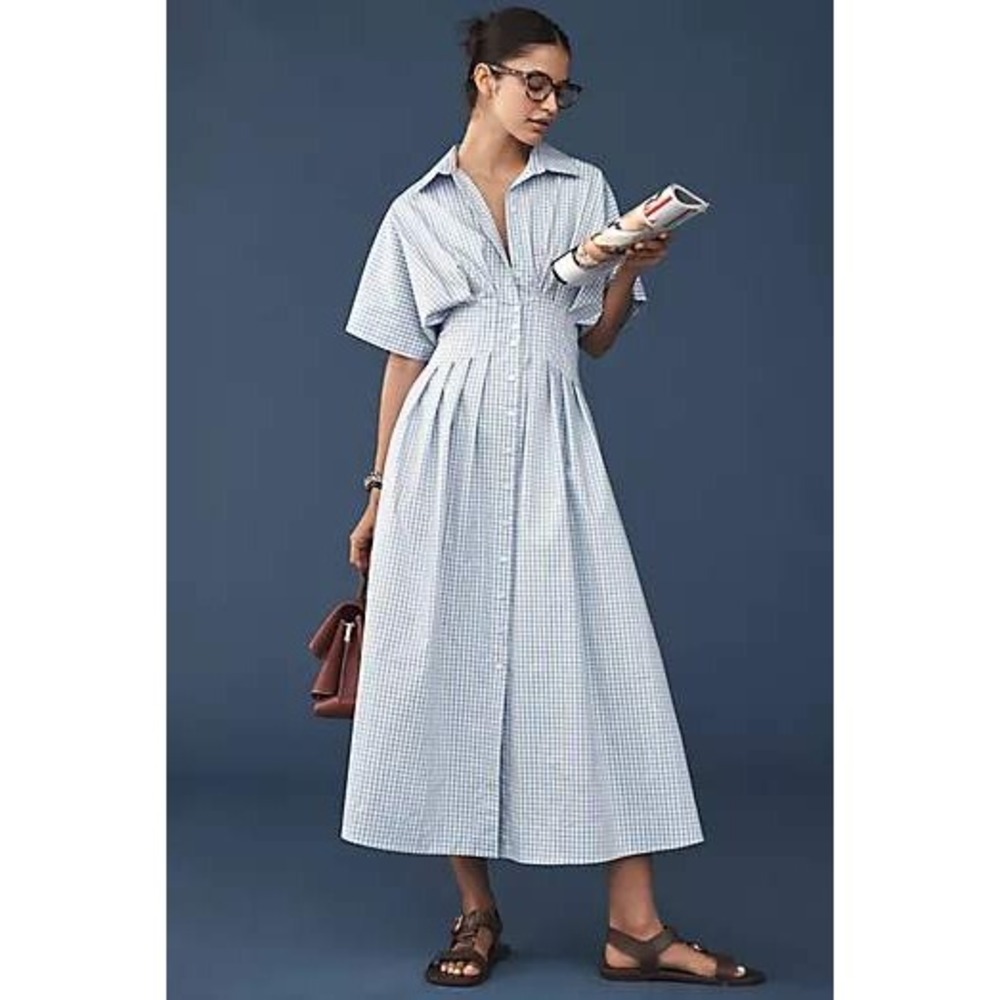 Exquise Dolores Blue White Gingham Pleated Waist Shirt Midi Dress Womens XL